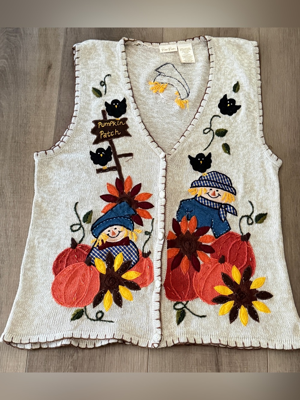 VTG 90s Bobbie Brooks Fall Pumpkin Patch Sweater Vest Women Large Scarecrow Crow